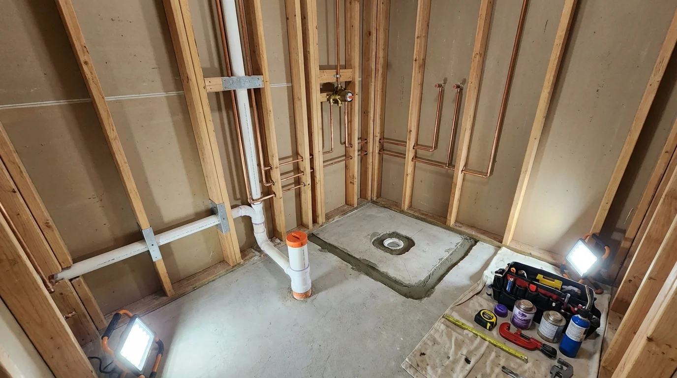 Bathroom rough-in plumbing during remodel by Johns Plumbing LLC in Ely