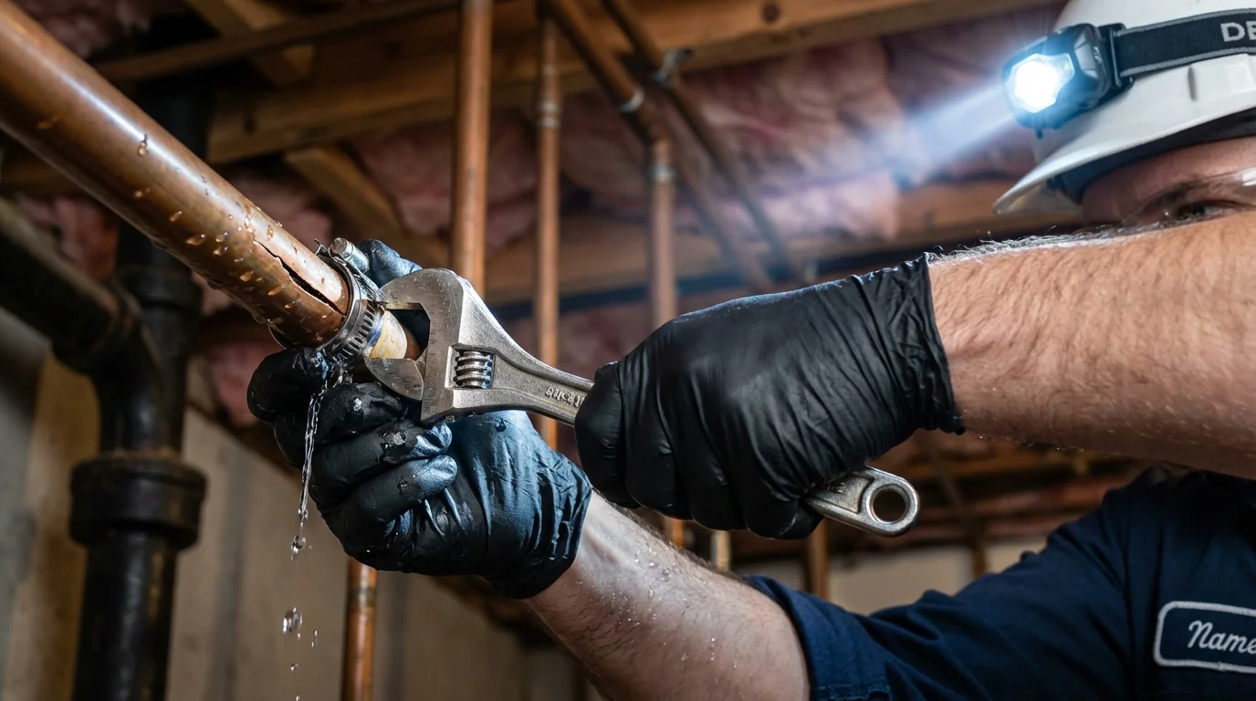 Emergency pipe clamp repair being performed by a Johns Plumbing LLC plumber in Ely