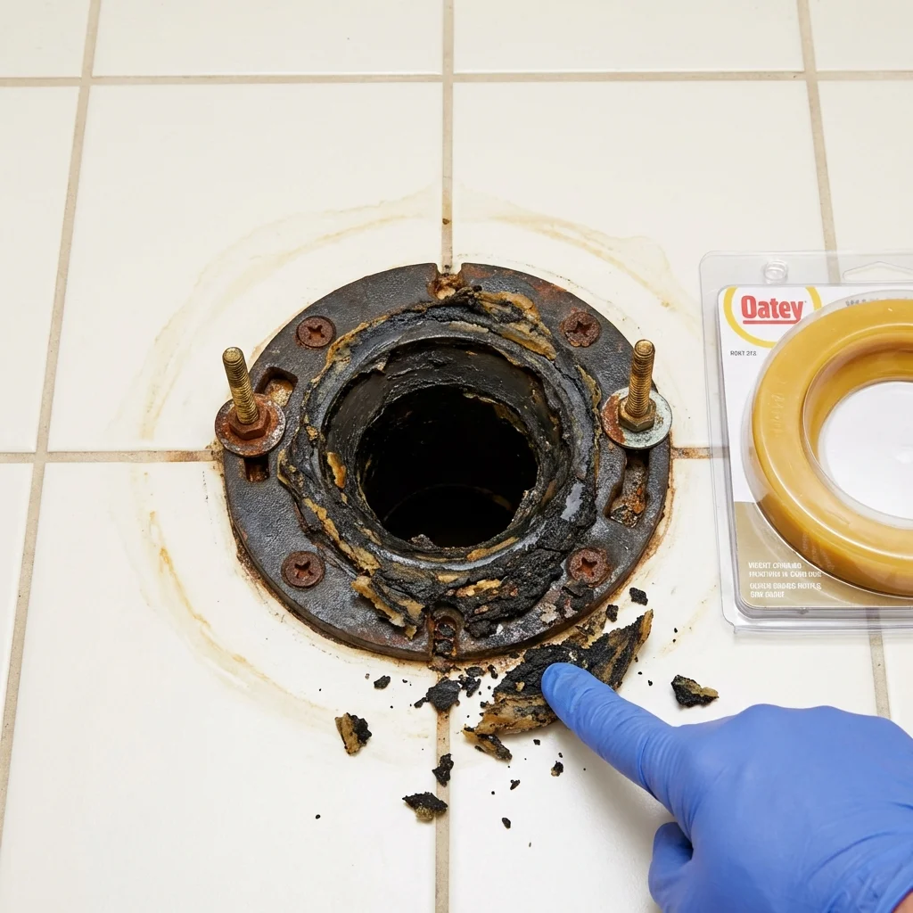 Failed wax ring showing water seepage at the base of a toilet in a Ely, IA home