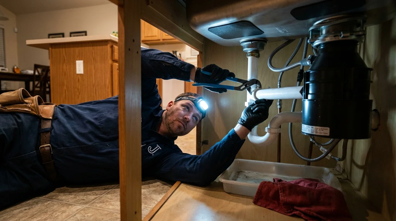 P-trap and supply line connections under a kitchen sink showing a common leak point in Ely, IA